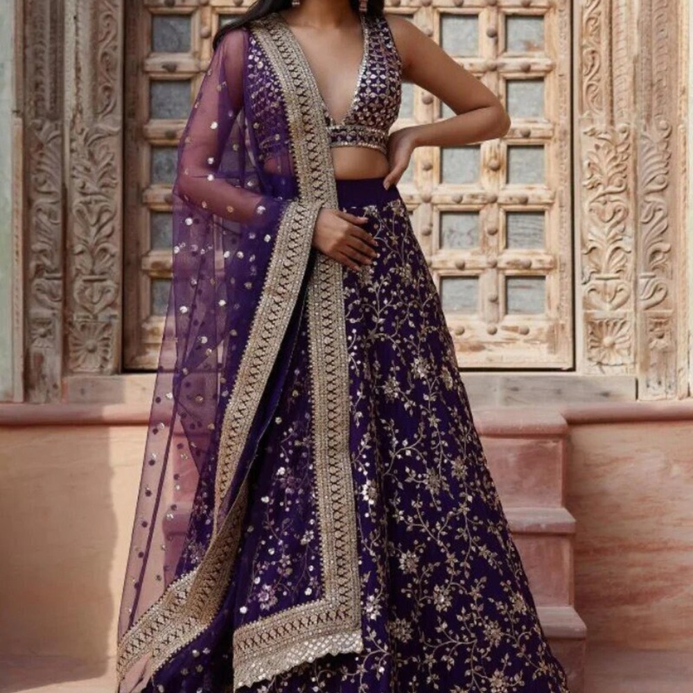 Elegant Purple and Gold Embroidered Lehenga